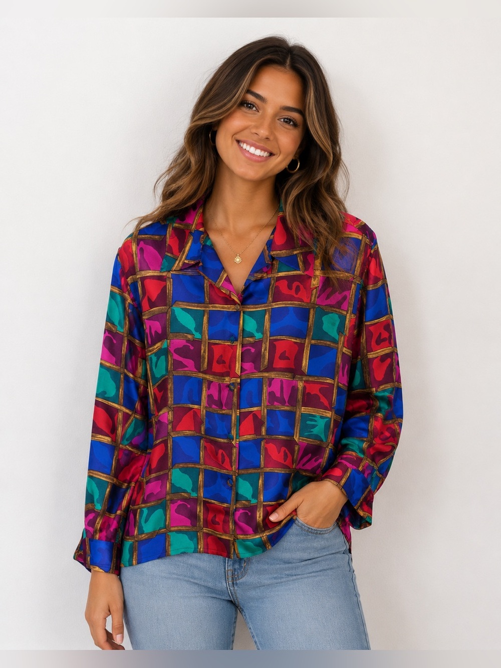 Multicolor Button Down Geometric Print Shirt